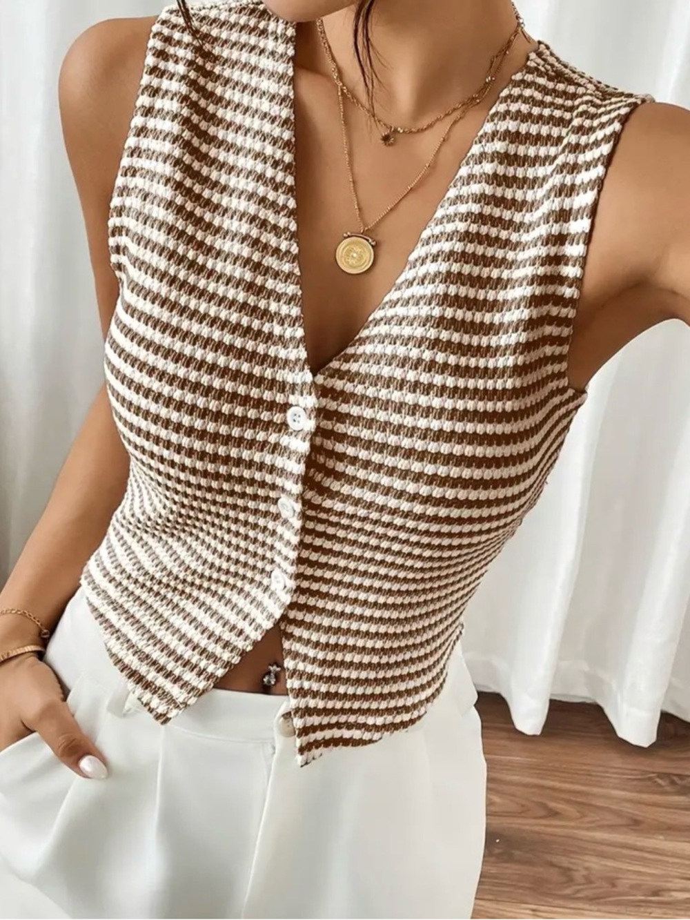 Striped Brown & White Sleeveless Knit Button-Front Tank